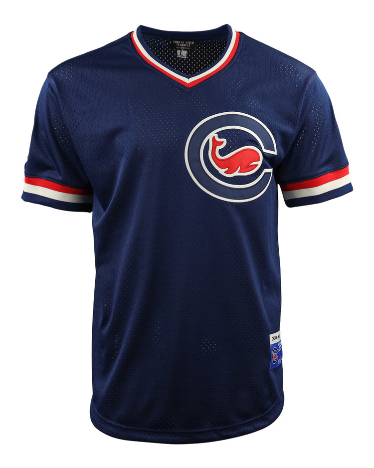 The EFF Chicago Whales DNA Replica V-Neck Mesh Jersey features navy mesh, red, white, and blue striped sleeves, and a red whale inside a white and blue C emblem—echoing classic Ebbets Field Flannels style.