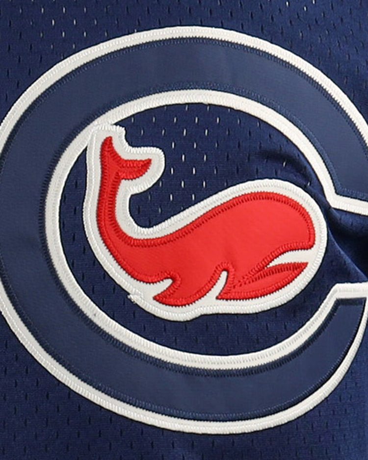The Chicago Whales EFF DNA Replica V-Neck Mesh Jersey by EFF features navy mesh and a large white and blue C with a red whale—mirroring the vintage Federal League style seen in classic Chicago team logos.