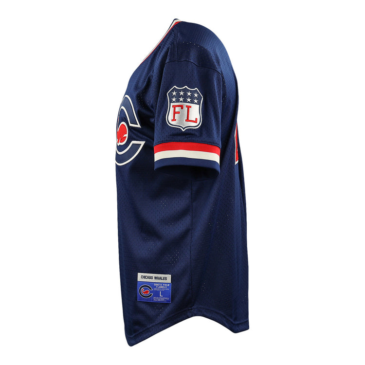 Side view of the EFF Chicago Whales DNA Replica V-Neck Mesh Jersey, featuring Federal League team logo on the sleeve, red, white, and blue vintage-inspired trim, an FL patch with stars, and a label above the hem.