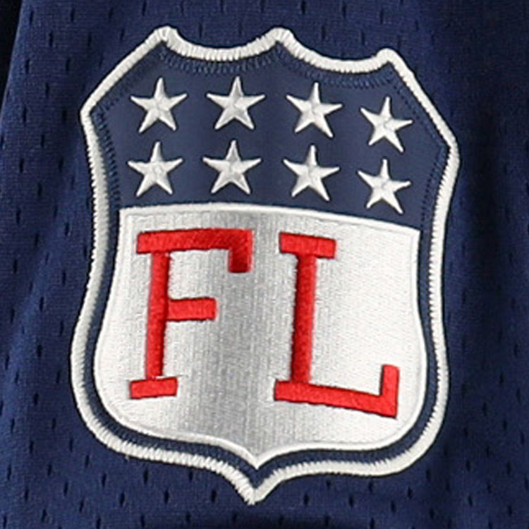 The Chicago Whales EFF DNA Replica V-Neck Mesh Jersey by EFF features a football-shaped shield with a blue top and eight white stars, plus FL in red on white, all on dark blue mesh inspired by vintage Federal League jerseys.