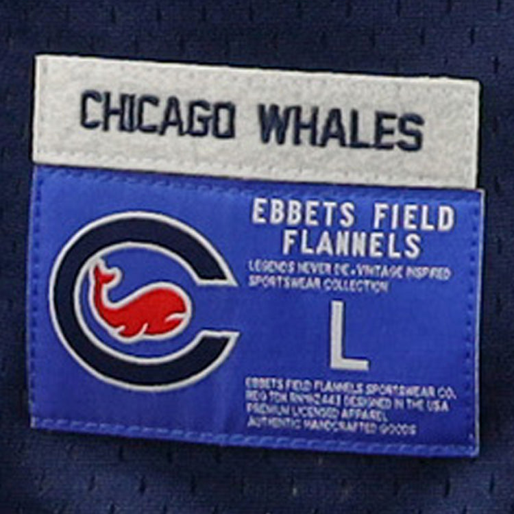 The Chicago Whales EFF DNA Replica V-Neck Mesh Jersey by EFF features a fabric label with CHICAGO WHALES, a blue C and red whale, plus Ebbets Field Flannels—ideal for fans of Federal League history and vintage style.