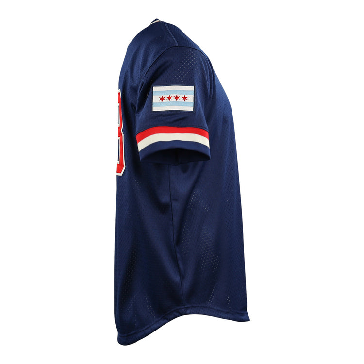 The EFF Chicago Whales DNA Replica V-Neck Mesh Jersey features navy blue mesh, vintage-inspired details, a Chicago flag sleeve patch with four red stars and blue stripes, plus classic red-and-white trim.
