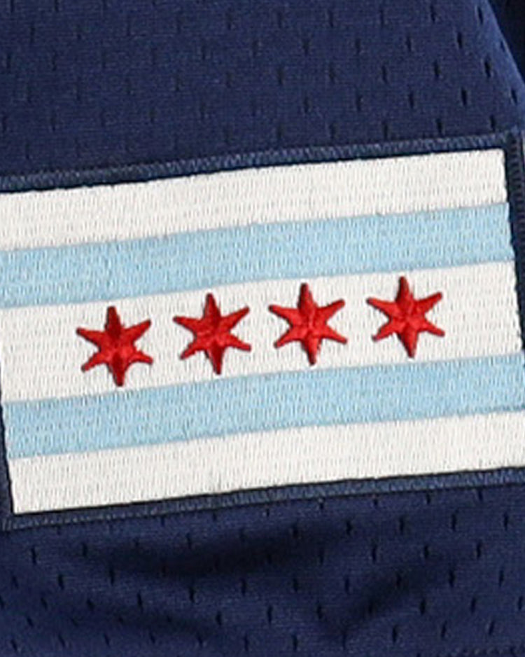 The Chicago Whales EFF DNA Replica V-Neck Mesh Jersey by EFF features a rectangular patch of the Chicago city flag—two light blue stripes and four red six-pointed stars—sewn onto vintage-inspired dark blue mesh fabric.
