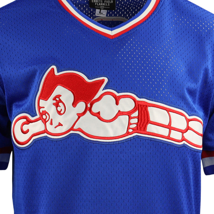 The EFF Sankei Atoms EFF DNA Replica V-Neck Mesh Jersey features blue mesh with red and white trim and a bold Atom Boy graphic, blending classic Japanese Central League style with a playful tribute to the iconic spiky-haired character.