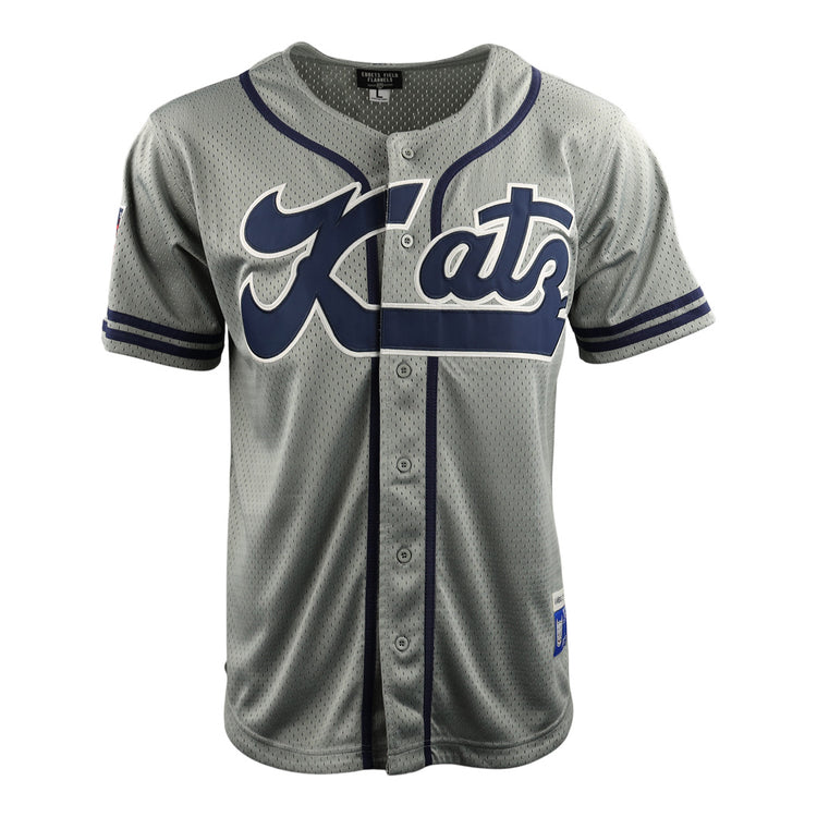 The EFF Kansas City Katz DNA Replica Button-Up Mesh Jersey features gray fabric with navy accents, Katz in large script on the front—a tribute to Katz Drugstore and the Ban Johnson Baseball League. It has front buttons and short sleeves.