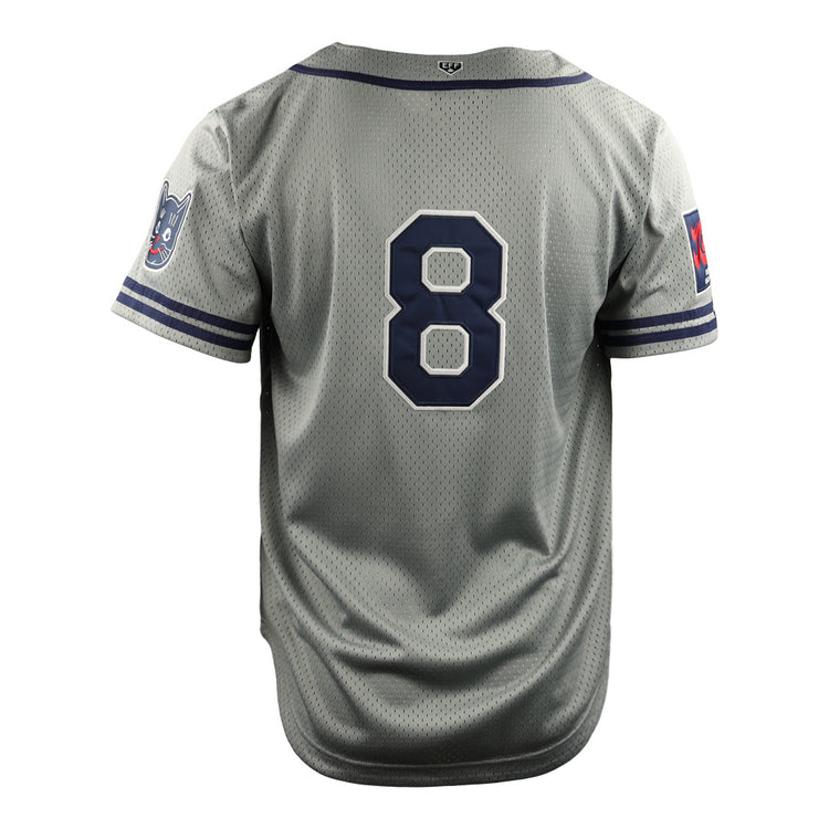 Show your Kansas City pride with the EFF Kansas City Katz DNA Replica Button-Up Mesh Jersey, featuring gray mesh, navy sleeve stripes, dark blue #8 on back, and authentic patches honoring the historic Ban Johnson Baseball League.