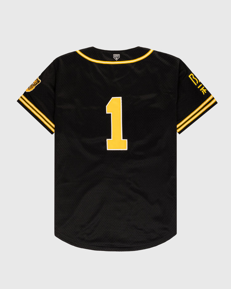 The EFF Osaka Tigers Mesh Button-Up Baseball Jersey is black with yellow trim on the sleeves and collar, a large yellow number 1 on the back, and a yellow patch with text on the left sleeve, inspired by the legendary Japanese baseball team.