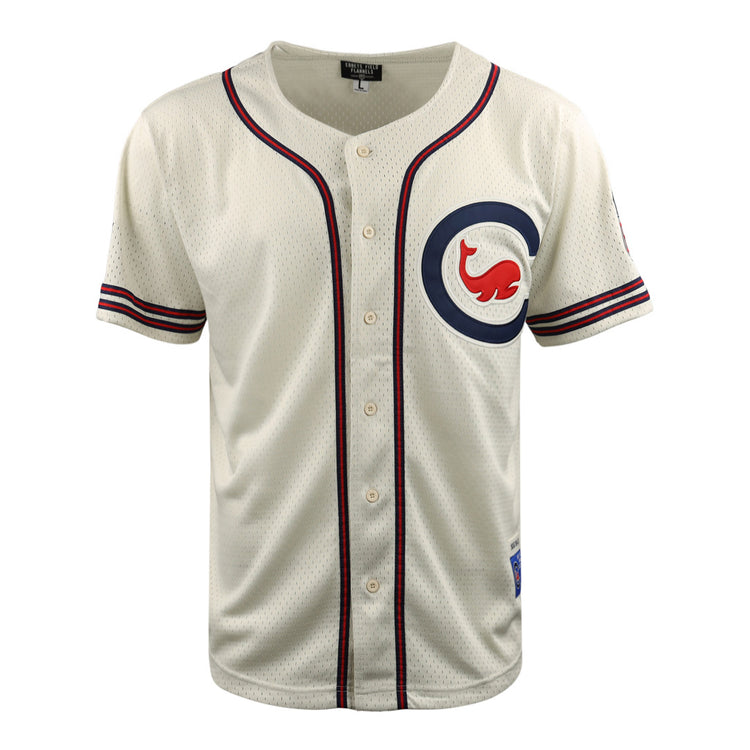 The EFF Chicago Whales DNA Replica Button-Up Mesh Jersey features a cream base with navy and red trim, a large circular left-chest logo with a red bear, striped cuffs, and buttons for classic Wrigley Field style.