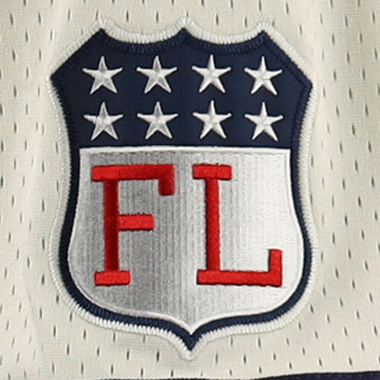 The EFF Chicago Whales DNA Replica Button-Up Mesh Jersey features a shield patch with seven white stars on blue over bold red FL letters on silver, all sewn onto light, perforated fabric honoring the Federal League team.