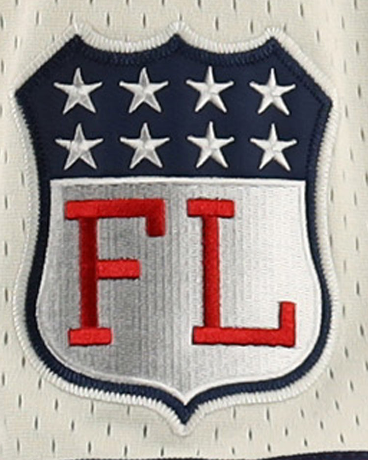 The EFF Chicago Whales DNA Replica Button-Up Mesh Jersey features a shield patch with seven white stars on blue over bold red FL letters on silver, all sewn onto light, perforated fabric honoring the Federal League team.