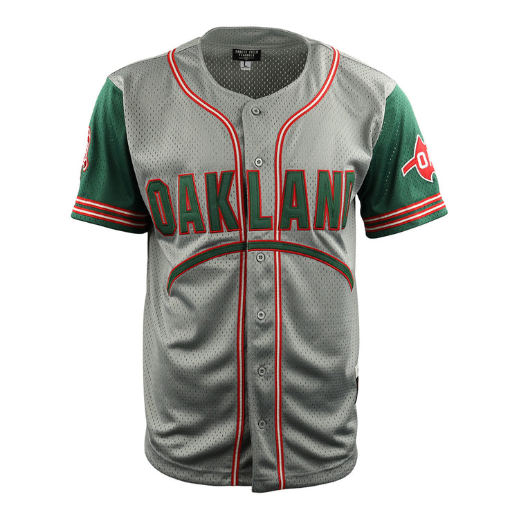 The EFF Oakland Oaks DNA Replica Button-Up Mesh Jersey features a gray body, green sleeves, red and green trim stripes, OAKLAND across the chest, sleeve team patches, and is inspired by classic Pacific Coast League style.