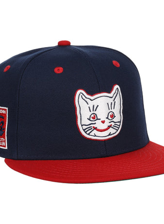The Kansas City Katz EFF DNA Fitted Ballcap by EFF is a vintage-inspired navy cap with a red brim, Katz embroidered logo, and a 1961, Kansas City Baseball Club patch on the side.