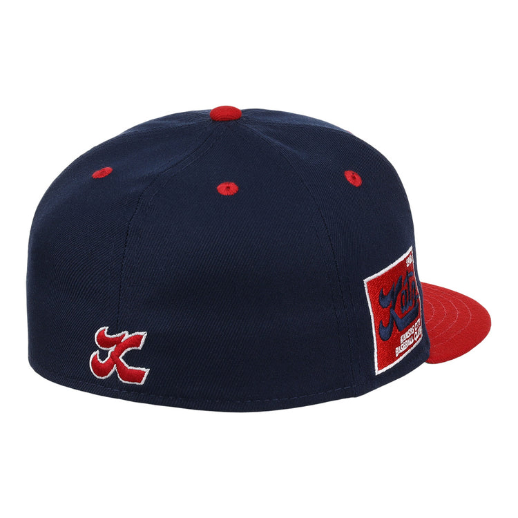 The Kansas City Katz EFF DNA Fitted Ballcap by EFF is a vintage-inspired navy cap with a red brim, button, and eyelets, plus embroidered KC and Katz patches featuring Keith in red script.