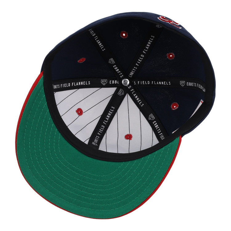 The Kansas City Katz EFF DNA Fitted Ballcap by EFF is a navy blue cap with a green underbrim, red stitching, pinstriped white lining, vintage-inspired fitted style, and branded internal band.