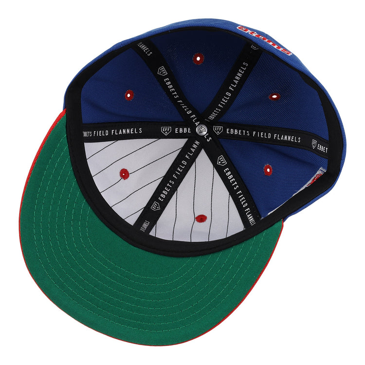 The Sankei Atoms EFF DNA Fitted Ballcap by EFF features a green underbrim, red trim, white pinstriped lining, black Ebbets Field Flannels-branded bands, and red vent dots for a classic vintage look.