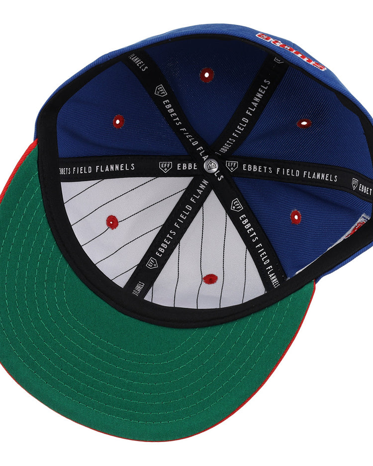 The Sankei Atoms EFF DNA Fitted Ballcap by EFF features a green underbrim, red trim, white pinstriped lining, black Ebbets Field Flannels-branded bands, and red vent dots for a classic vintage look.