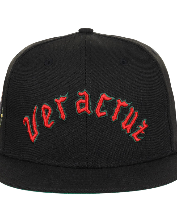 The EFF Veracruz Azules NLB Team Color Fitted Ballcap features veracruz in red with a green outline on black—an ideal Mexican League hat for fans and collectors, shown against a plain background.