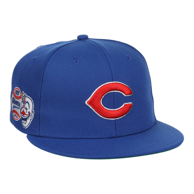 The EFF Indianapolis Clowns NLB Team Color Fitted Ballcap is a vintage-inspired blue cap with a red C front, an Indianapolis Clowns patch with baseballs and Cubs text on the left, honoring the Negro American League.