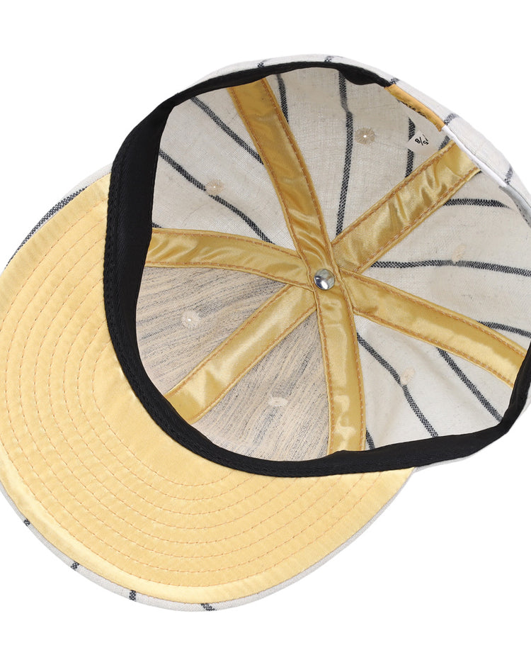 The inside of the Limited Edition Newark Peppers 1915 Vintage Ballcap by Ebbets Field Flannels features yellow stitching, a fabric sweatband, a metal button atop the crown, and a pale yellow brim with visible stitch lines.