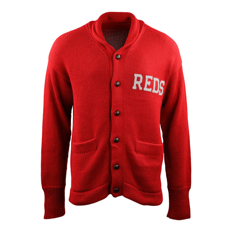 The EFF Cincinnati Reds 1919 Shawl Collar Sweater features a vintage red design with black buttons, two front pockets, and REDS in white letters on the left chest.