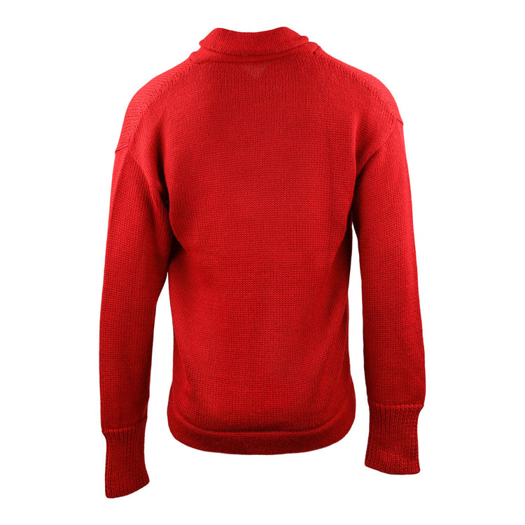 The EFF Cincinnati Reds 1919 Shawl Collar Sweater is shown from the back on a white background. This bright red, long-sleeve sweater features a ribbed collar, cuffs, and hem for a classic look.