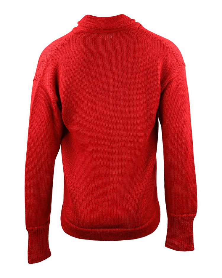 The EFF Cincinnati Reds 1919 Shawl Collar Sweater is shown from the back on a white background. This bright red, long-sleeve sweater features a ribbed collar, cuffs, and hem for a classic look.