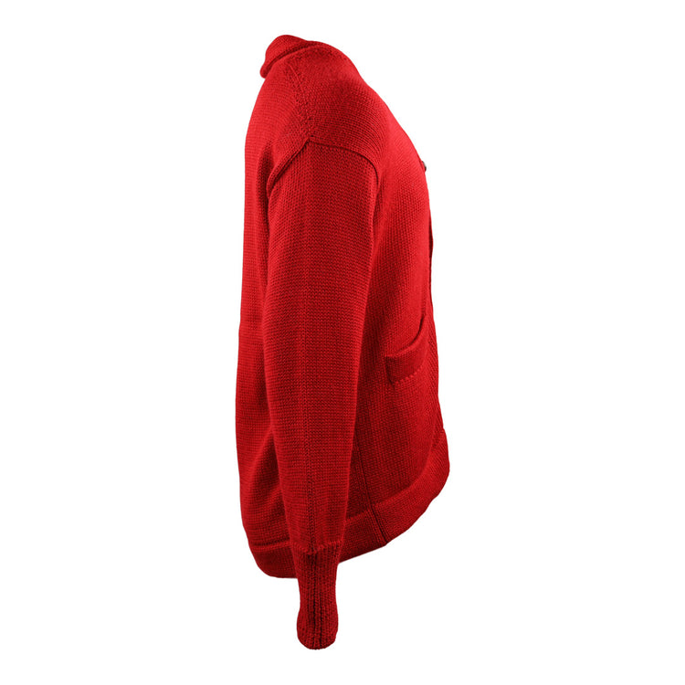 Side view of the EFF Cincinnati Reds 1919 Shawl Collar Sweater in bright red, featuring long sleeves, a shawl collar, and front pockets, displayed on a white background.