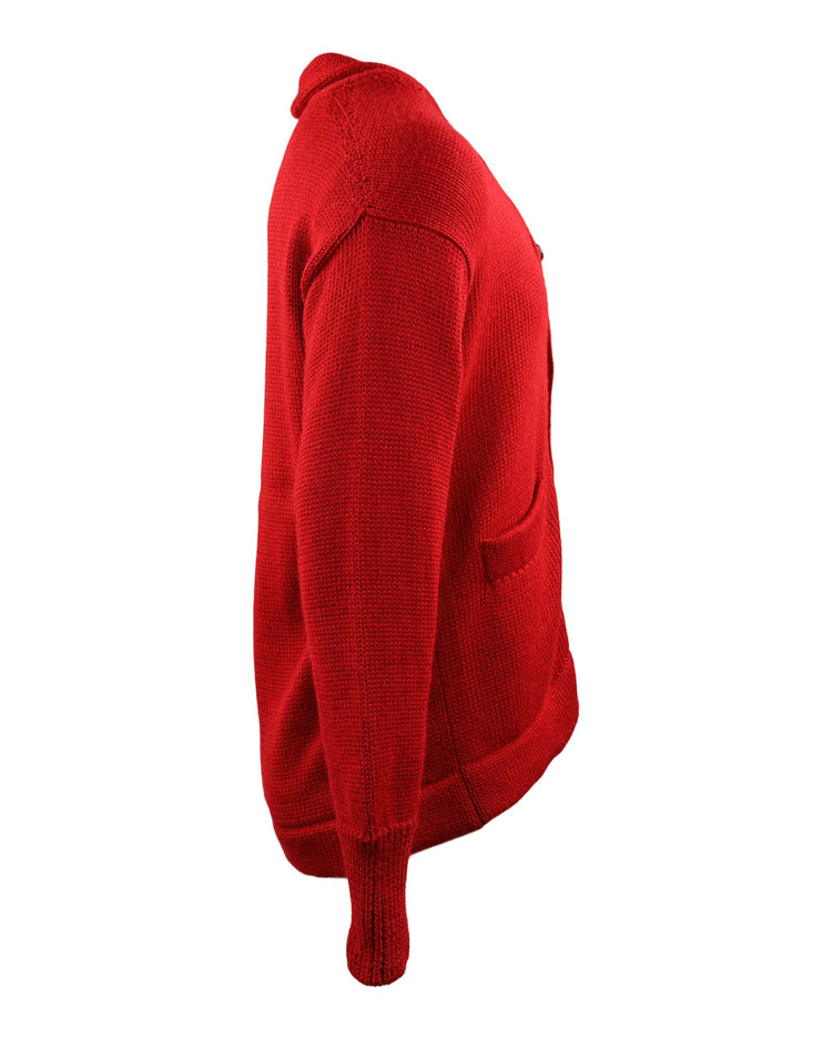 Side view of the EFF Cincinnati Reds 1919 Shawl Collar Sweater in bright red, featuring long sleeves, a shawl collar, and front pockets, displayed on a white background.