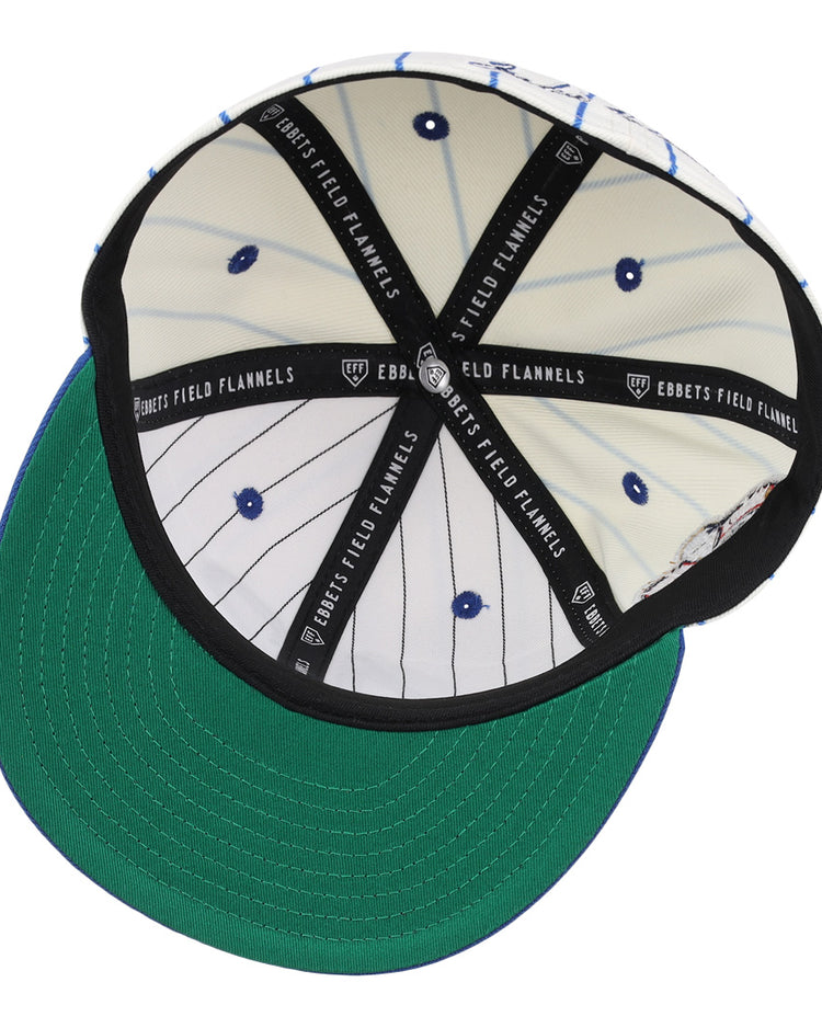 The Jackie Robinson EFF Signature Series Fitted Ballcap - Pinstripe by EFF features a white pinstripe interior, stitched blue eyelets, black EFF-branded bands, and a green underbrim—true to classic Robinson style.