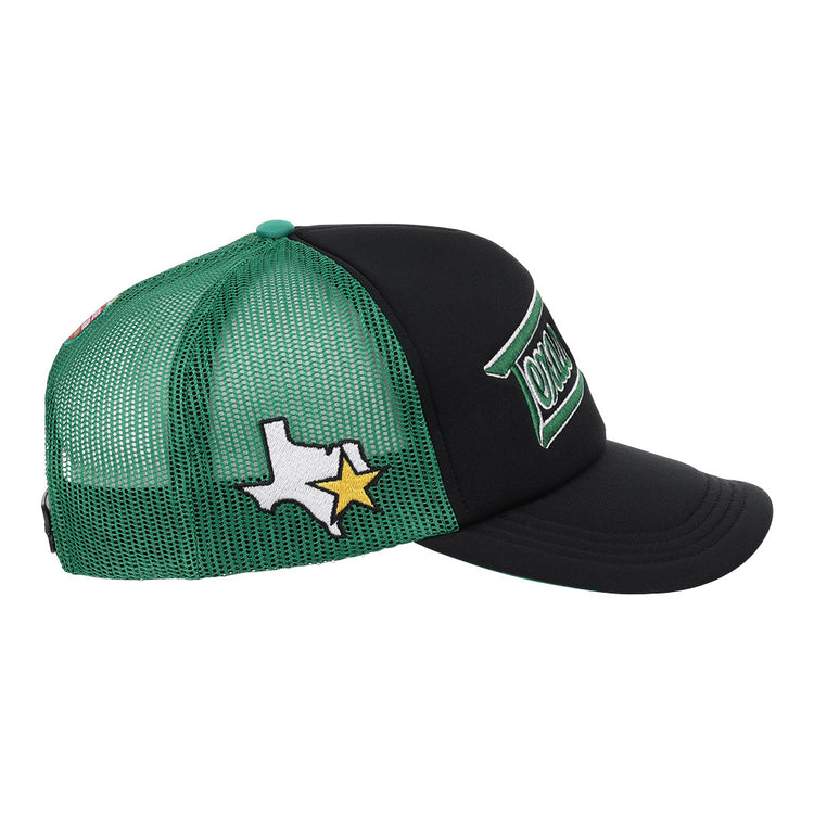 The EFF Texas City Stars Lone Star Foam Trucker hat features green and black colors, mesh sides, and a patch with the Texas outline and yellow star—perfect for Texas City Stars fans.