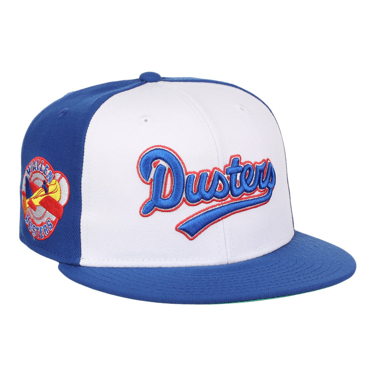 The EFF McAllen Dusters Lone Star Fitted Ballcap features blue and white panels, blue and red McAllen Dusters script embroidery, a winged baseball patch on the side, and a blue brim for classic league style.