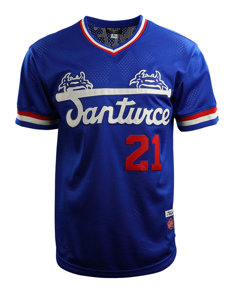 The EFF Roberto Clemente Santurce Cangrejeros Vintage Inspired NL Replica V-Neck Mesh Jersey in royal features white/red trim, Santurce script, two crab graphics, and #21—honoring the legend.