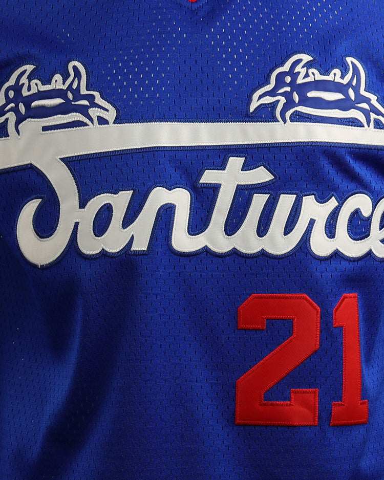 The EFF Roberto Clemente Santurce Cangrejeros Vintage Inspired NL Replica Royal Mesh Jersey features white Santurce script, two white and blue crab graphics, and red number 21 on the lower right honoring the legendary player.