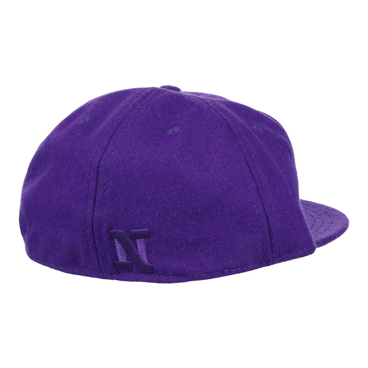 The EFF Northwestern University Mascot Vintage Ballcap features visible stitching, a raised N embroidered on the back, and a purple design honoring the schools iconic sports mascot. Photographed against a white background.