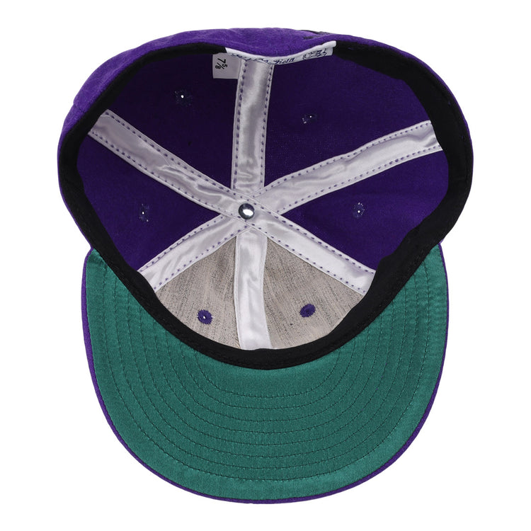 Interior of the EFF Northwestern University Mascot Vintage Ballcap: purple crown, green brim, black edge, white lining, visible stitching and ventilation holes—classic design inspired by the Wildcats.