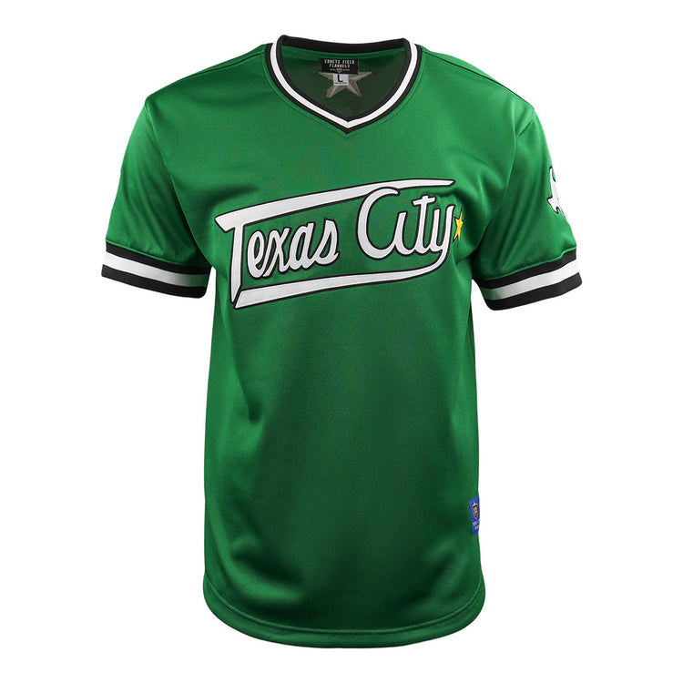 The EFF Texas City Stars EFF Lone Star Baseball Jersey is a green short-sleeve jersey with black and white trim, bold white “Texas City Stars” script, and a yellow star—ideal for passionate professional baseball fans.