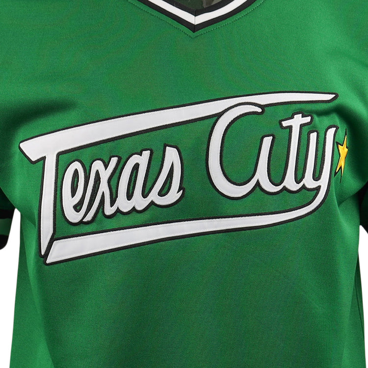The EFF Texas City Stars EFF Lone Star Baseball Jersey features Texas City Stars in white script with black outline across the chest and a yellow star to the right, celebrating the excitement of professional baseball.