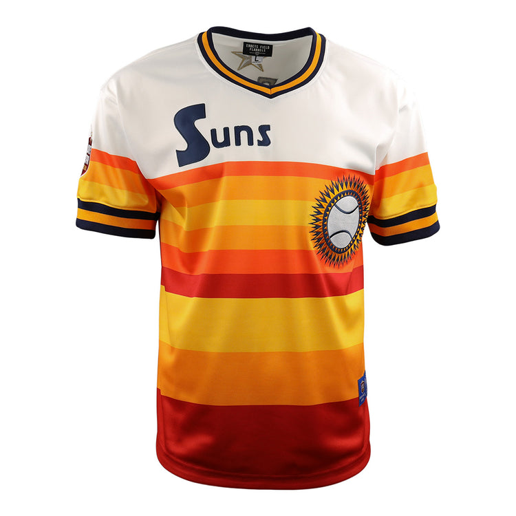 The EFF Harlingen Suns EFF Lone Star Baseball Jersey features a retro style with horizontal yellow, orange, and red stripes, a white top section, Suns text on the chest, and a sunburst baseball logo.