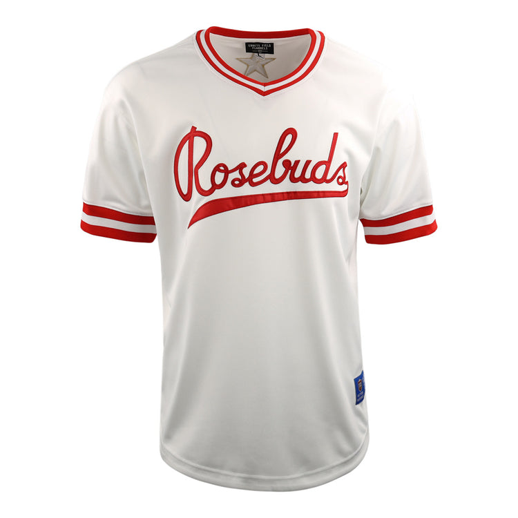 The Victoria Rosebuds EFF Lone Star Baseball Jersey by EFF is a white, short-sleeve jersey with red stripes, a V-neck collar, and Rosebuds in red script across the chest, representing the Lone Star League North Division team.