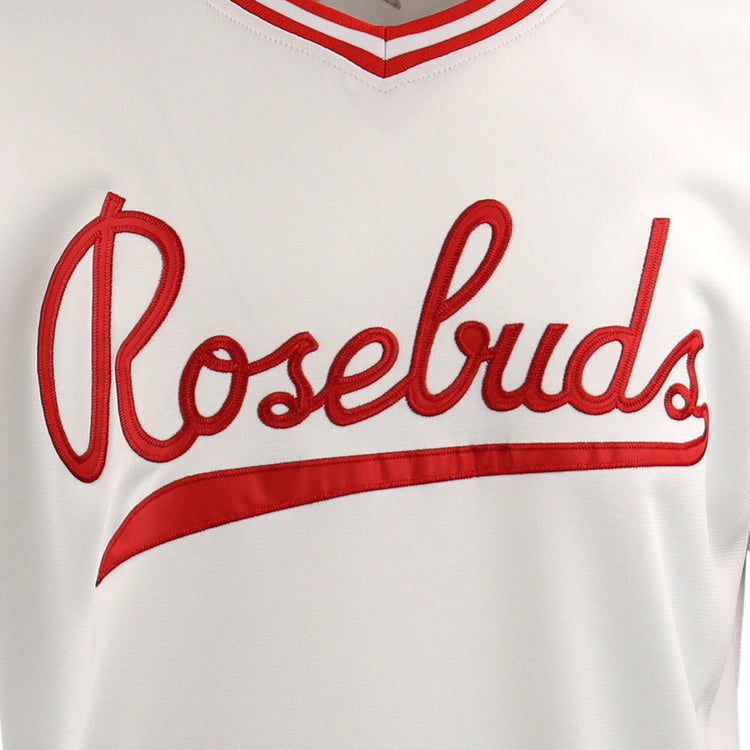 A close-up of the Victoria Rosebuds EFF Lone Star Baseball Jersey by EFF, showcasing Rosebuds in red script across the chest, representing the team from the Lone Star League’s North Division.