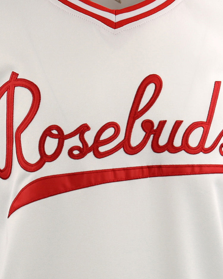 A close-up of the Victoria Rosebuds EFF Lone Star Baseball Jersey by EFF, showcasing Rosebuds in red script across the chest, representing the team from the Lone Star League’s North Division.
