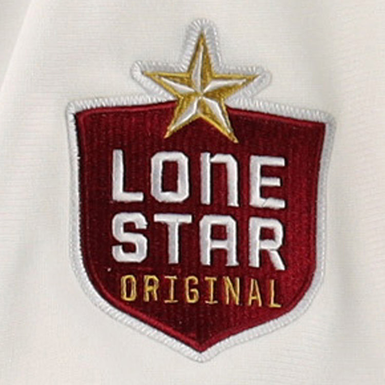 The Victoria Rosebuds EFF Lone Star Baseball Jersey by EFF features red and white colors with a gold star and “LONE STAR ORIGINAL” lettering—ideal for Victoria Rosebuds fans or Lone Star League North Division supporters.