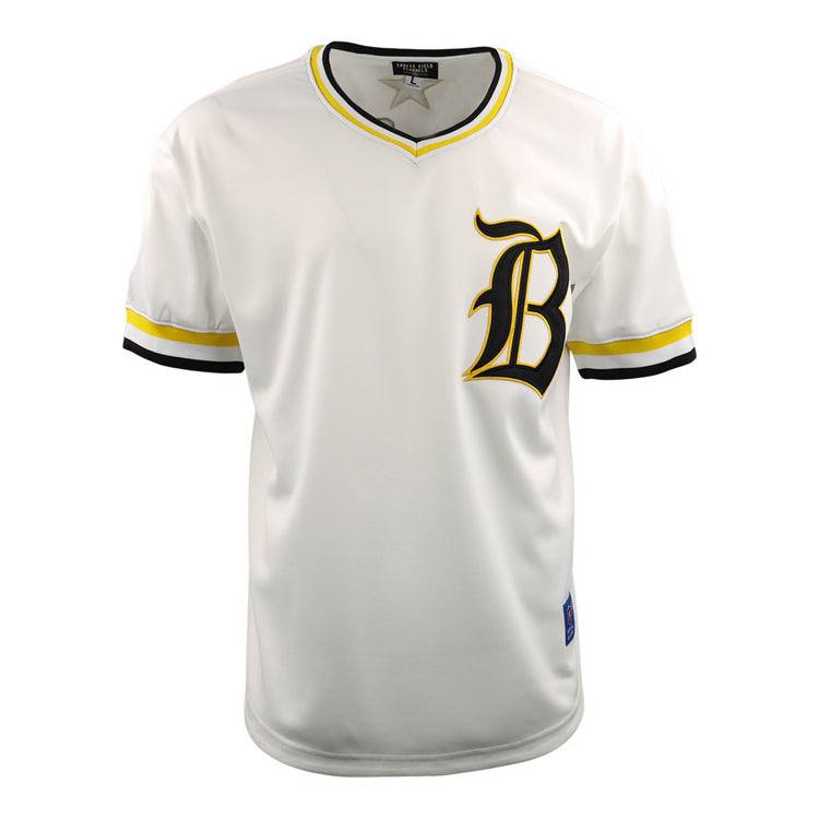 The Beeville Blazers EFF Lone Star Baseball Jersey by EFF features yellow and black striped accents and a bold letter B on the chest, as worn by the Beeville Blazers at Joe Hunter Field.