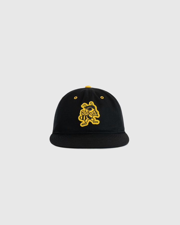 The EFF Salt Lake City Bees Cotton Twill Ballcap features a yellow cartoon bee mascot on black summerweight cotton, shown against a light gray background. Part of the exclusive Ebbets Summer Series.