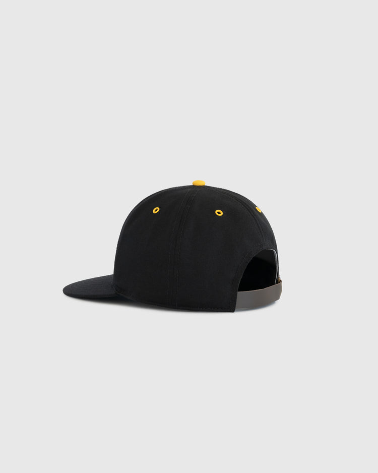 The EFF Salt Lake City Bees Cotton Twill Ballcap is black with yellow eyelets and a top button, shown from the back to display its adjustable strap. This summerweight cotton cap appears against a plain light gray background.