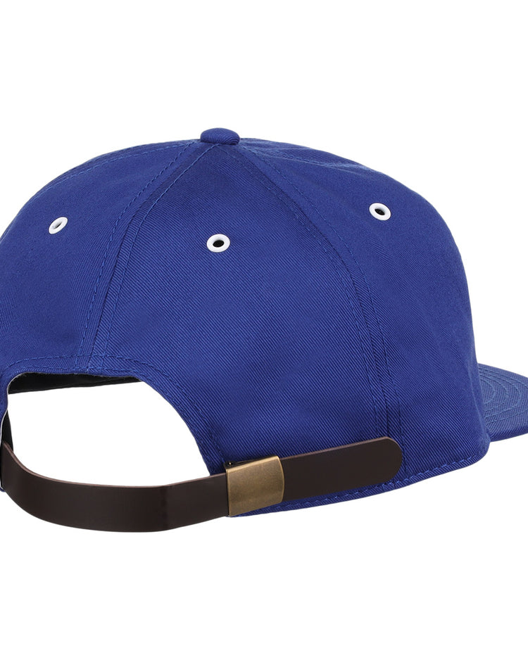 The EFF Trois Rivières Royals Cotton Twill Ballcap in royal blue features white eyelets and an adjustable dark brown strap with a metal clasp—ideal for fans of classic cotton caps or the Trois-Rivières Royals.