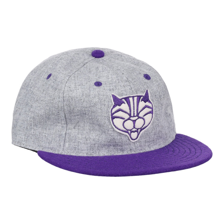 The EFF Northwestern University Mascot Vintage Ballcap - Gray features a purple brim and button with a stylized purple and white Wildcat logo—perfect for college sports mascot fans.