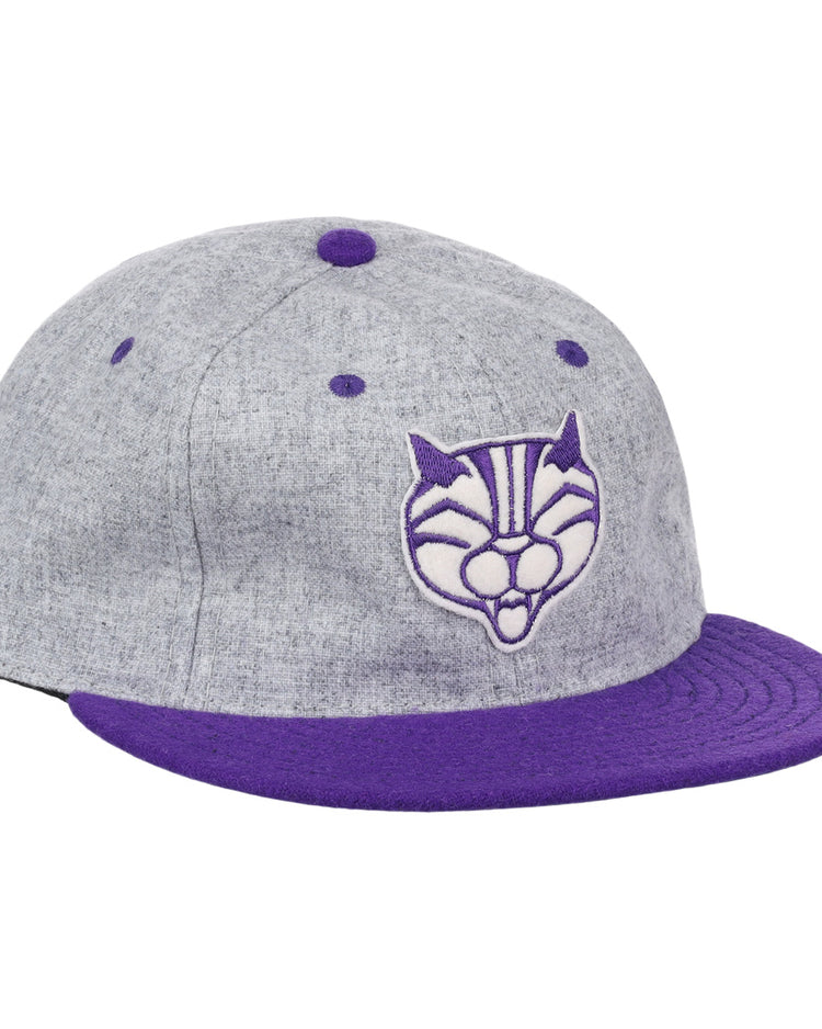 The EFF Northwestern University Mascot Vintage Ballcap - Gray features a purple brim and button with a stylized purple and white Wildcat logo—perfect for college sports mascot fans.