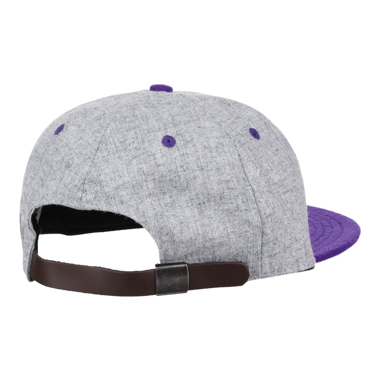 The EFF Northwestern University Mascot Vintage Ballcap in gray features a purple brim and button, brown adjustable strap with metal clasp, and is viewed from the back—a perfect vintage hat for showing off your Wildcat pride.