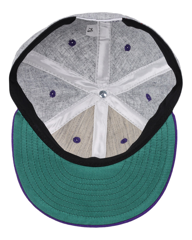 A look inside the EFF Northwestern University Mascot Vintage Ballcap - Gray shows a green underbrim, gray fabric panels, purple eyelets, white seams, and a silver center button.